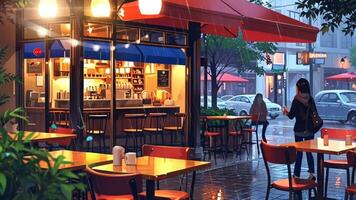 A cozy outdoor cafe with empty tables and chairs, lit by warm hanging lights. Inside, a barista prepares drinks. Trees and parked cars are visible through the windows video