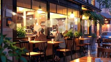 A cozy outdoor cafe with empty tables and chairs, lit by warm hanging lights. Inside, a barista prepares drinks. Trees and parked cars are visible through the windows video