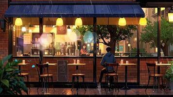 A cozy outdoor cafe with empty tables and chairs, lit by warm hanging lights. Inside, a barista prepares drinks. Trees and parked cars are visible through the windows video