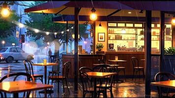 A cozy outdoor cafe with empty tables and chairs, lit by warm hanging lights. Inside, a barista prepares drinks. Trees and parked cars are visible through the windows video