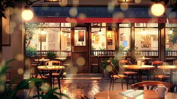 A cozy outdoor cafe with empty tables and chairs, lit by warm hanging lights. Inside, a barista prepares drinks. Trees and parked cars are visible through the windows video
