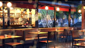 A cozy outdoor cafe with empty tables and chairs, lit by warm hanging lights. Inside, a barista prepares drinks. Trees and parked cars are visible through the windows video