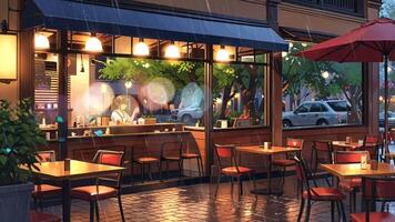 A cozy outdoor cafe with empty tables and chairs, lit by warm hanging lights. Inside, a barista prepares drinks. Trees and parked cars are visible through the windows video