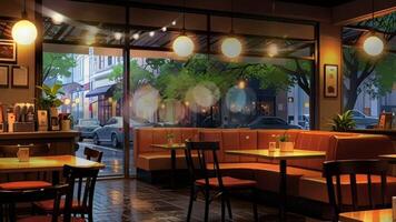 A cozy outdoor cafe with empty tables and chairs, lit by warm hanging lights. Inside, a barista prepares drinks. Trees and parked cars are visible through the windows video