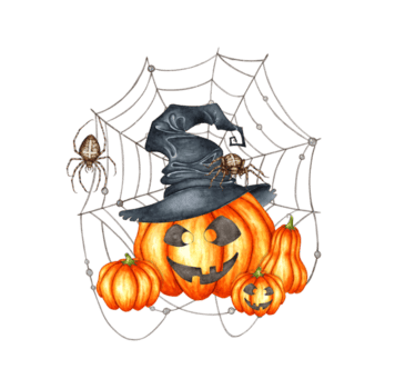 abóboras com a Bravo face, laranja, vestindo uma bruxa chapéu com teias de aranha e aranhas aguarela ilustração. tradicional dia das Bruxas, dia do a morto, decoração isolado em fundo. abóbora lanterna png
