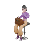 Illustrated 3D Dancer Model. A female dancer is sitting on a bar stool while her right hand is holding a bag on her lap while her left hand is holding her cheek. Cartoon Style Movement png