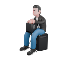 Cartoon Music Artist in 3D. A male musician is sitting on a loudspeaker while both hands are holding a small loudspeaker on his lap. Vocalist Design png
