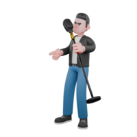 Cartoon Music Performer Model. A male musician is standing facing the right singing using a microphone stand that he holds in his left hand while his right hand points forward. Singing Talent png