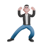 Animated Music Character in 3D. A male musician is standing with his legs wide apart, the right straight to the side and the left slightly bent while both hands are raised up and clenched. Musik Star png