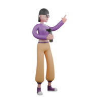Dynamic 3D Cartoon Dancer. a female dancer is standing with her right hand carrying a tumbler while her left hand points up. Animation Ready png