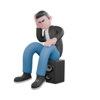 Cartoon Musician in 3D. A male musician is sitting asleep with his right palm as a cushion and his left hand on his left knee. 3D Music Performer png