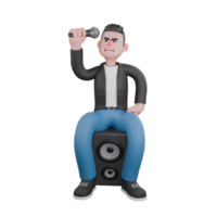 Cartoon Musician in 3D. A male musician is sitting on a loudspeaker with his left hand on his waist and his right hand lifting the microphone up. Vocal Artist Model png