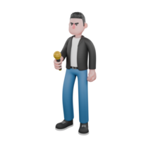 Illustrated Musician Character in 3D. A male musician is standing and holding a microphone in his right hand. Animated Style png