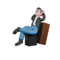 3D Musician Character. A male musician is sitting leaning on two rows of loudspeakers with a position left leg on top of right leg and both hands are behind his head. Vocalist Design png