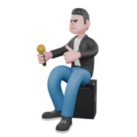 Musician Character. A male musician is sitting on a loudspeaker facing the right while holding a microphone in his right hand and pointing his thumb forward with his left hand. Vocalist png