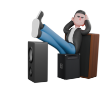 3D Musician Model. A male musician is sitting asleep with his palms as a cushion and his straight legs stacked on top of several rows of loudspeakers. Animated Style png