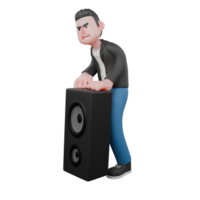 3D Model of Singing Musician. A Male Musician is standing behind a loudspeaker, hands on the loudspeaker with an angry expression. Cartoon Performer png