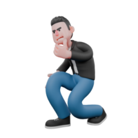 Cartoon Music Star Character. A Male Musician is squatting with his hands on his chin while smiling slyly. Vocalist Model png