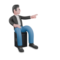 Illustrated Musician Character in 3D. A male musician is sitting on a loudspeaker facing left and his left hand pointing forward. 3D Music Performer png