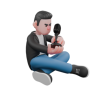 Singing Musician in 3D. A male musician is sitting on the floor with his left leg bent under his right leg while looking at a microphone he is holding. Vocalist png