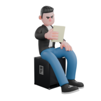 Singing Talent. a male musician is sitting on the loudspeaker facing left while reading the writing on the paper that is held in the right hand and his left hand is on his thigh. 3D Music Performer png