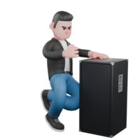 Cartoon Musician in 3D. A male musician is sitting squatting and his left hand is touching the loudspeaker in front of him. 3D Music Performer png