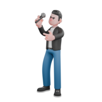 Singing Musician in 3D. a male musician is standing facing right while his right hand is lifting a microphone and his left hand is pointing forward. Vocal Talent png