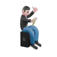 Musician 3D Style. A male musician is sitting on a loudspeaker facing left while reading writing on paper that is held in his right hand and then his left hand points his thumb up. Animated Style png