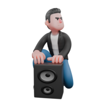 3D Character of Music Artist. A male musician crouches while looking to the left and both hands are on the loudspeaker. Vocal Performer png