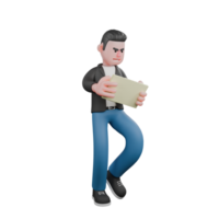 Cartoon 3D Musician Character. A male musician is standing with his legs his left leg is slightly bent while reading a white sheet of paper. Performance Design png