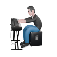 Animated Music Character in 3D. A male musician is sitting on a loudspeaker facing right while playing the piano with both hands. 3D Music Performer png