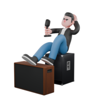 male musician is sitting on two rows of loudspeakers while holding his head in his left hand and holding a microphone in his right hand and his legs are also raised on the loudspeaker. png