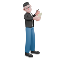 Singing Musician in 3D. A male musician is standing facing left while his right hand is holding a paper and his left is holding a pen as if he wants to write. 3D Music Performer png