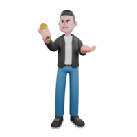Animated Music Character in 3D. A male musician is standing with his right hand raised carrying a microphone and while extending his left palm forward. Cartoon Vocalist png