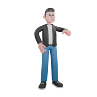 3D Model of Cartoon. A male musician stands with his left hand on his hip and his right hand pointing forward with an angry expression. Animated Style png