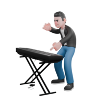 Animated Music Character in 3D. A male musician is standing bent over while his right hand is raised while holding it then his left hand points to the piano in front of him. Singing Talent png