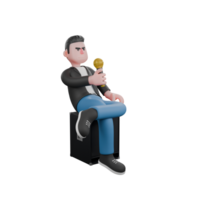 Singing Musician in 3D. A male musician is sitting on a loudspeaker facing left and holding a microphone in his right hand. Animated Style png