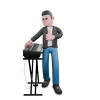 Cartoon Music Artist in 3D. A male musician is standing facing forward looking piano on his right while his right hand holds the piano. Singing Talent png