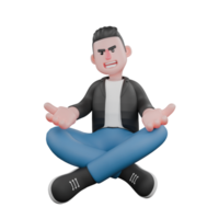 3D Musician Model. A male musician sits on the floor with open arms smiling expression. Animated Style png