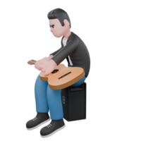 3D Musician Character. A male musician is sitting on a loudspeaker facing right while both hands touch a guitar that is on his lap. Cartoon Performer png