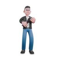 Musician Character in 3D Design. A male musician stands with his right hand holding a microphone while hitting it against the palm of his right hand. Vocalist Model png