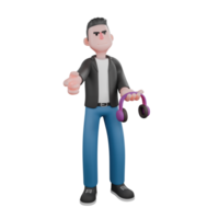 Music Star Character in 3D. A male musician stands with his left hand holding headphones while his right hand points to the side. Singing Talent png