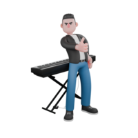 Illustrated 3D Music Character. A male musician is standing with his back to the piano while his right hand points his thumb forward. 3D Music Performer png