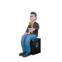 3D Musician Model. A male musician sits at the loudspeaker holding a microphone in his hand with a calm expression. Singing Talent png