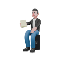 Singing Musician in 3D. A male musician sits on speaker holding paper in hand with serious expression. Animated Style png