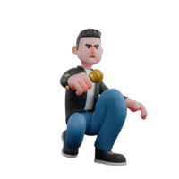 3D Model of Cartoon Musician Character. A male musician crouches with his right hand holding a microphone while his left hand is beside his left knee. Entertainment Artist png