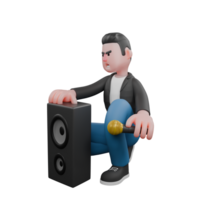 Musician Character in 3D Style. A male musician crouches while holding a loudspeaker in front of him with his right hand, while his left hand is holding a microphone. Vocal Artist Design png