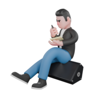 A male musician is sitting on a loudspeaker while holding paper in his left hand and a pen in his right hand, then his right leg is straight forward and the left is bent slightly. Vocal Talent png