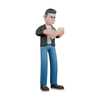 Animated Music Character in 3D. A male musician with his left hand carries a sheet of white paper while his right hand opens a sheet of white paper. Vocalist Style png