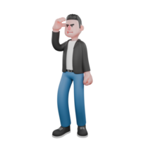 Musician Character in 3D. A male musician stands with his right palm in front of his eyebrows as if observing from a distance and his left hand is beside him. Vocal Talent Design png